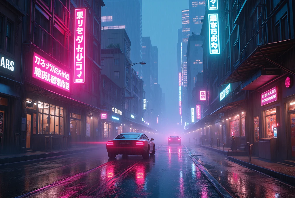 A futuristic city at night, with constant rain falling on wet streets that reflect the vibrant lights of pink neon signs, blue and purple. high buildings, with illuminated windows, involve the narrow streets. Light mist mixes with rain, partially obscuring the silhouettes of buildings. Floating cars pass slowly, their lights merging with the glow of the signs. In dark alleys, the distant sound of machinery and conversations echoes softly, while small businesses blink with neon signs under dripping awnings.