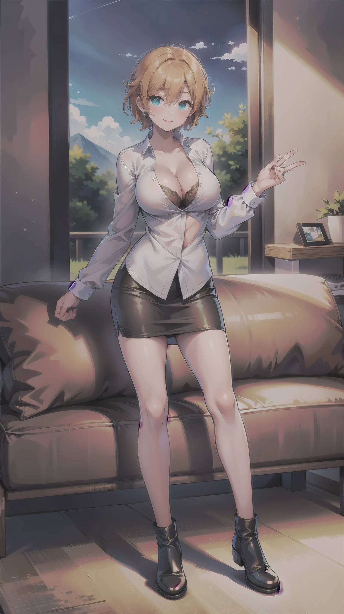 （（super high quality,））（（Ultra-high resolution,））（16K,）（super masterpiece,）（（Ultra HD ,））（Detailed shading,）Full body photo,One sexy woman,high collared white shirt,Long sleeve,Cleavage,Black tight skirt,smile,