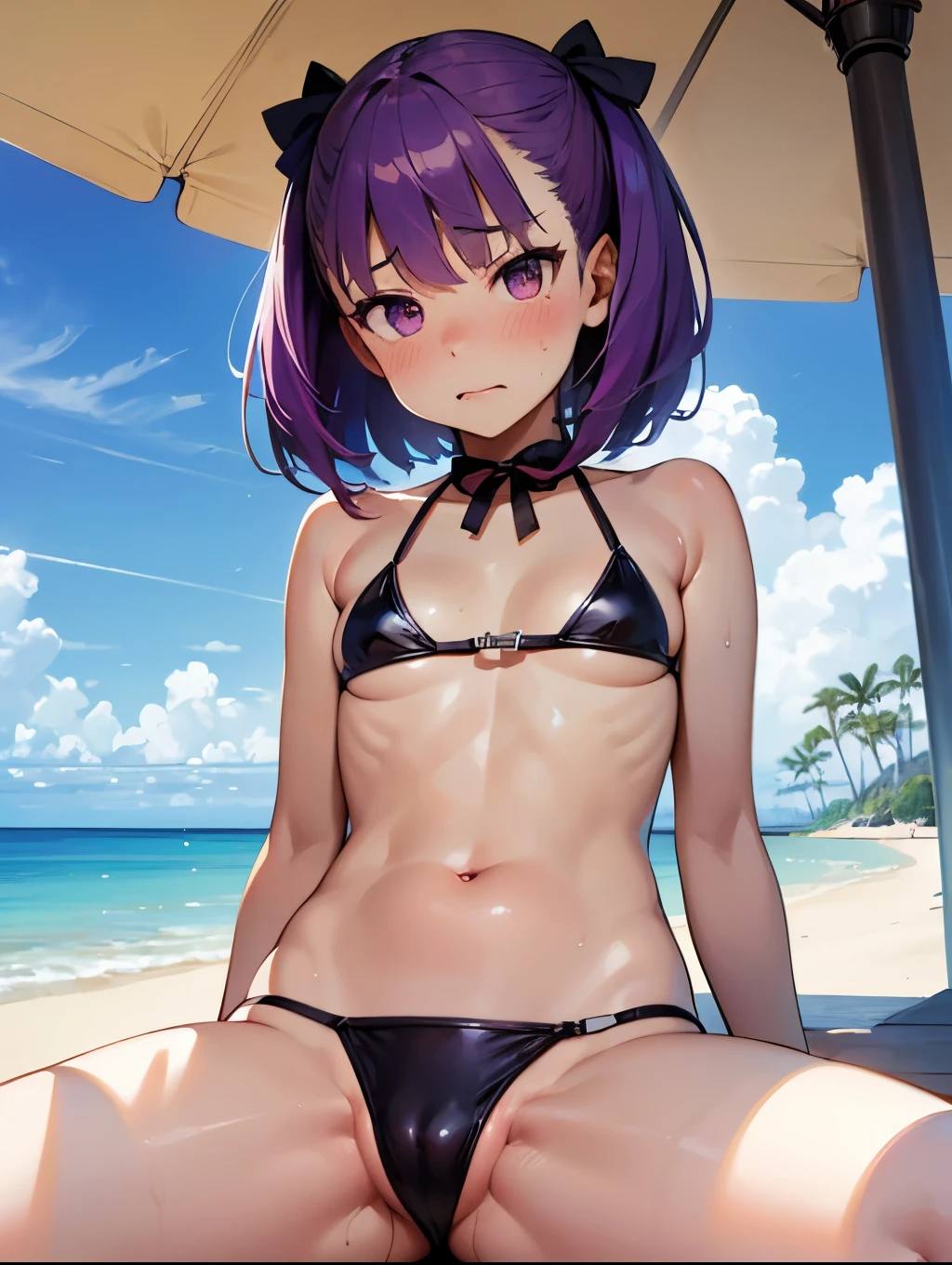 NSFW,masterpiece,Highest quality,High resolution,Very detailed,Helena Blavatsky\(Fate/grandorder\)、Purple Hair、short hair、（Purple eyes：1.1）,bikini,Small breasts,beach,Palm tree,Rock Shade,Beach parasol,(Lustful face),(Frustrated face),blush,Girl sitting,Spread your legs