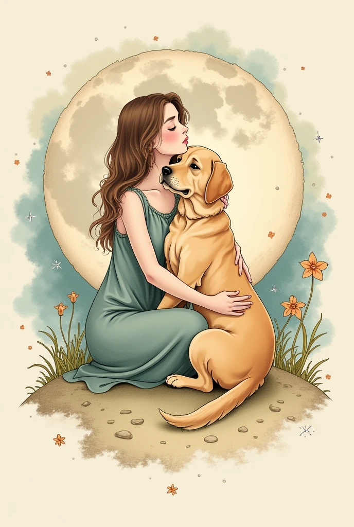 Little Prince style tattoo ideas adapted to a woman and her Labrador dog sitting on the moon hugging each other
