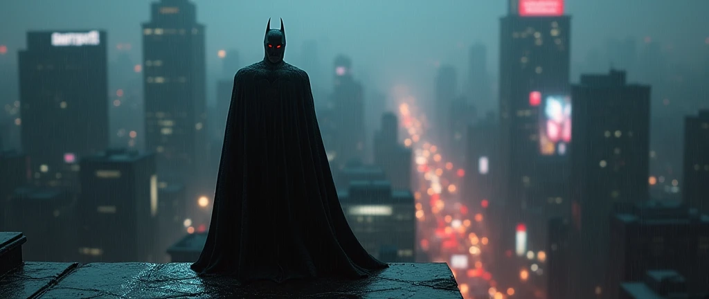 silhuette do batman, HE IS ON TOP OF A BUILDING WATCHING THE CITY, he has a long black cape, dark scene in the rain, realistic as a mirror, raindrops fall, particles in blur, RED eyes glow in the dark like LEDs, lens flare, MACABRO, Noir style, billboard lights in blur, silhuette, lens flares, reflection on the floor, view from the bottom,