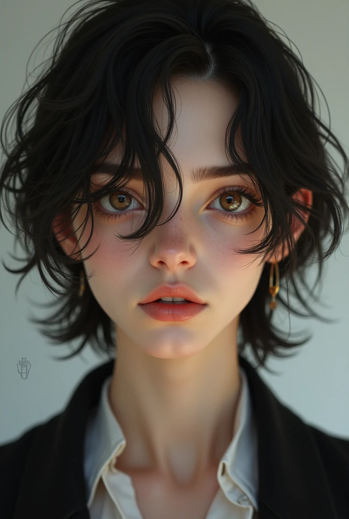 Create a Male, slightly feminine with dark medium hair and brown eyes, similar to "Gerard Way" from My Chemical Romance, but also being similar to the Twitch Streamer "Quackity"