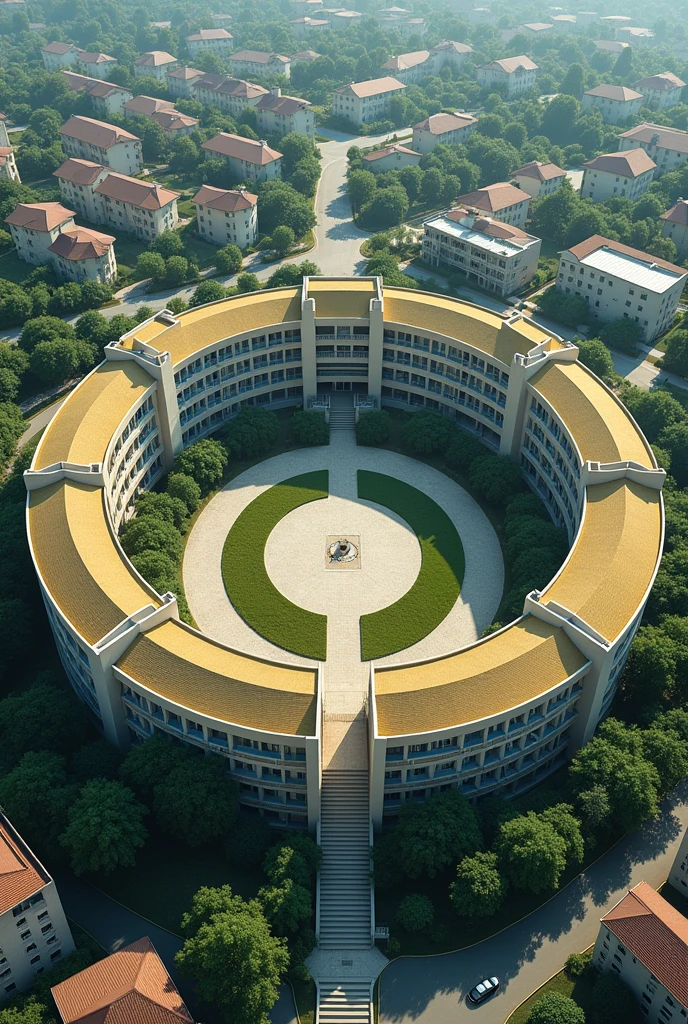 Circular school, Central Courtyard, residential district, aerial view, rot, yellow, cerulean, offwhite, Unripe, primary colours