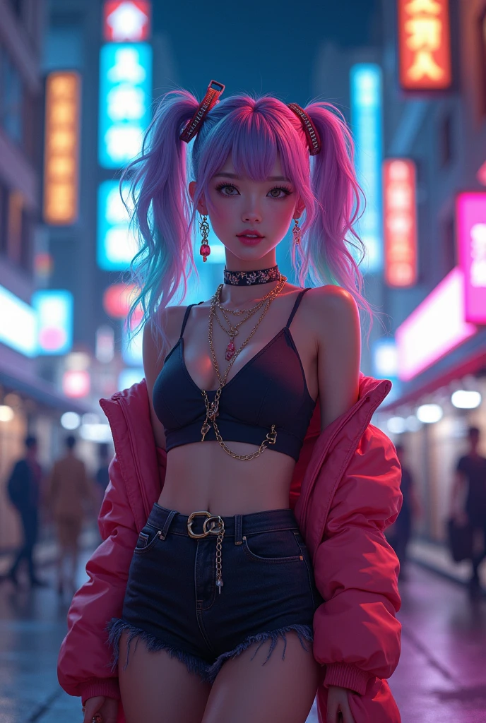 masterpiece, best quality, HuTaoV4, 1girl, solo, blush, rainbow twintails, white long hair, rainbow hair between eyes, ((streetwear clothes)), city, outdoors, night, movie poster, extremely detailed 8K, smooth, high resolution, ultra quality, cinematic lighting, ambient occlusion, hd, 2k, 4k, 8k, 16k, extremely detailed anime, detailed faces, perfect composition, wide shot, atmospheric lighting, very sexy, lift skirt, uncensored, nsfw, sin censura, large breast,