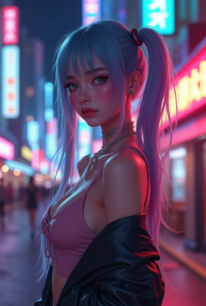 masterpiece, best quality, HuTaoV4, 1girl, solo, blush, rainbow twintails, white long hair, rainbow hair between eyes, ((streetwear clothes)), city, outdoors, night, movie poster, extremely detailed 8K, smooth, high resolution, ultra quality, cinematic lighting, ambient occlusion, hd, 2k, 4k, 8k, 16k, extremely detailed anime, detailed faces, perfect composition, wide shot, atmospheric lighting, very sexy, lift skirt, uncensored, nsfw, sin censura, large breast,