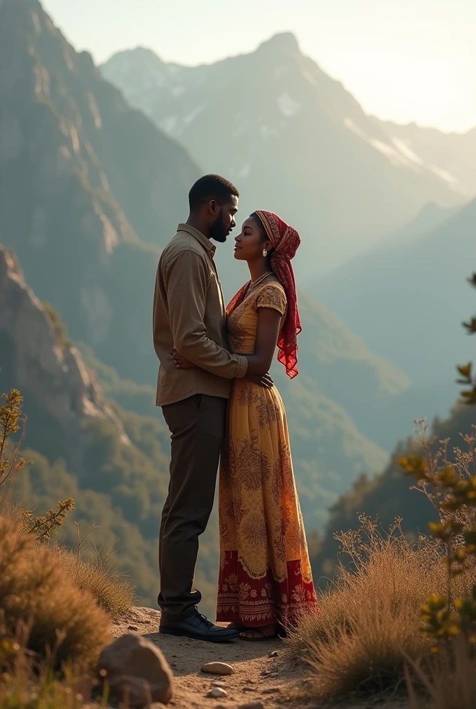 1 handsome Skiny somali boy with good dress and his somali girl freind taking romatic in beautiful mountain 