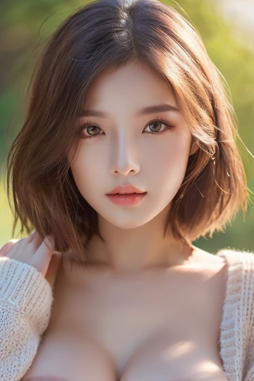 1womanl、20 years、hyperdetailed face、Detailed lips、A detailed eye、double eyelid, (Medium short hair、Huge breasts:1.5)、summer sweater:1.1, ((top-quality、8k、Photorealsitic, ​masterpiece:1.3))