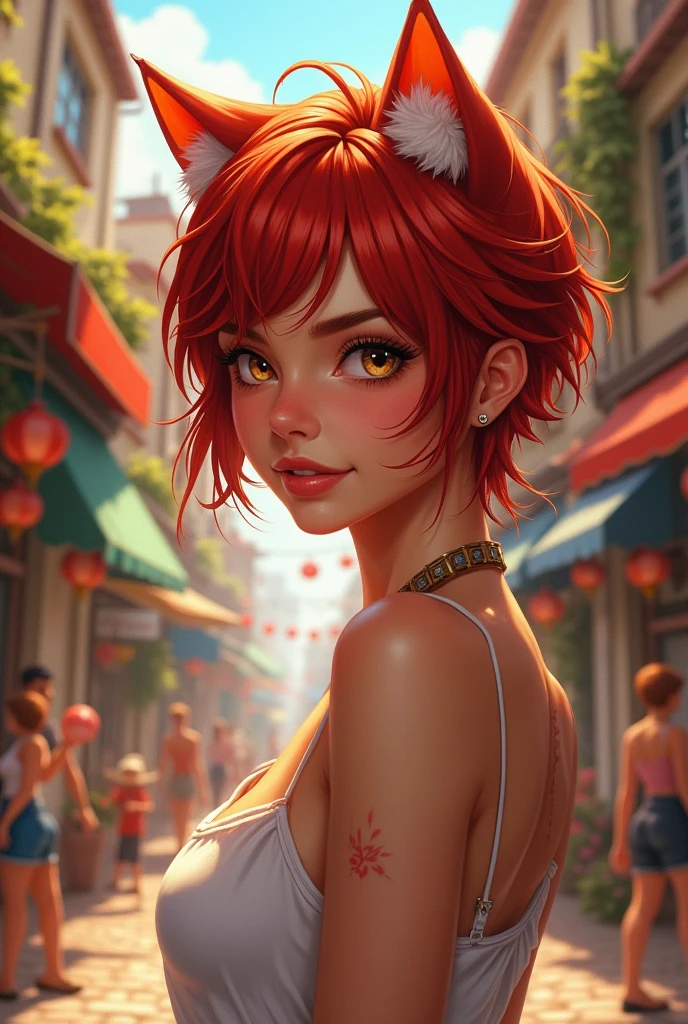 In town　short hair　smile　Redhead　Dimples　Cat Eyes　female　camisole