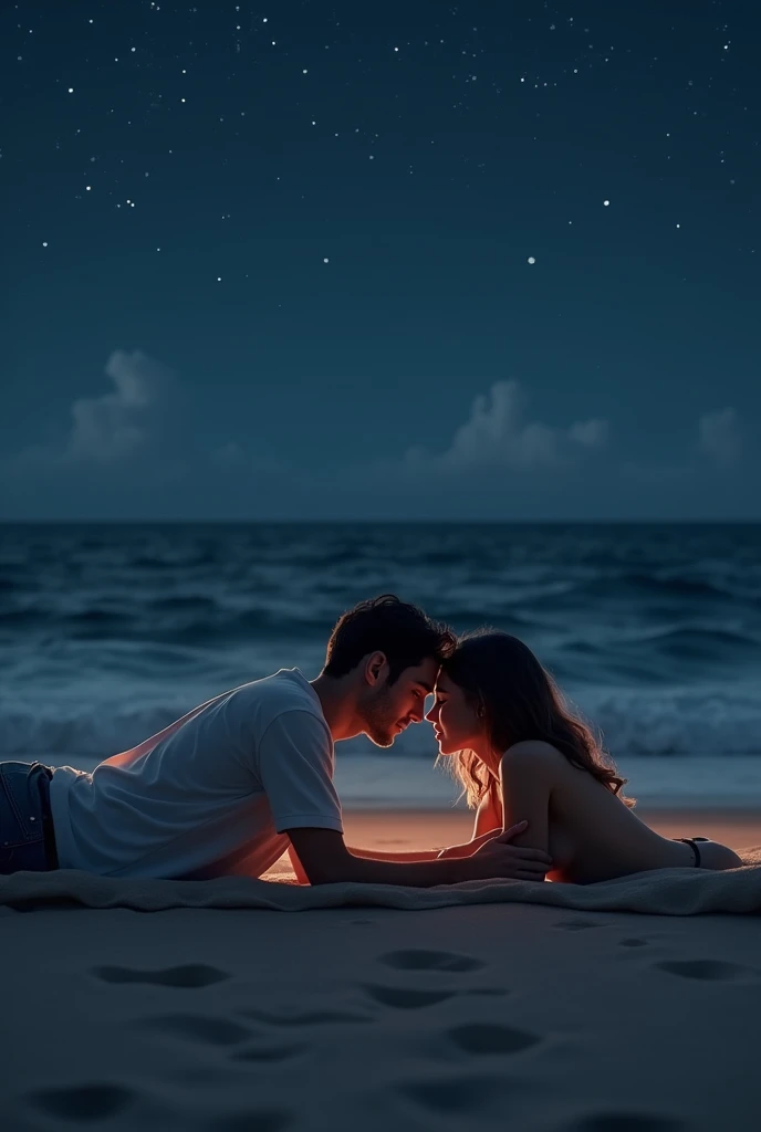um casal, lying on the sand on the beach, the night, falling in love. PICTURE REALISTIC. man and woman.