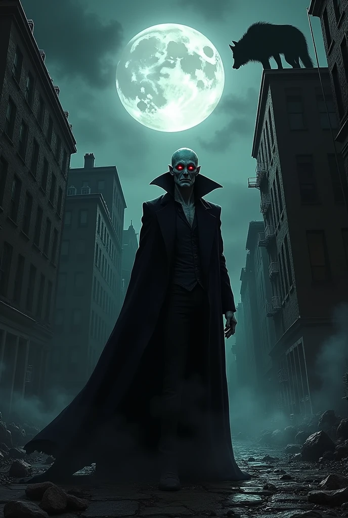 Vampire in a dark city with a full moon in the sky with a werewolf above a building