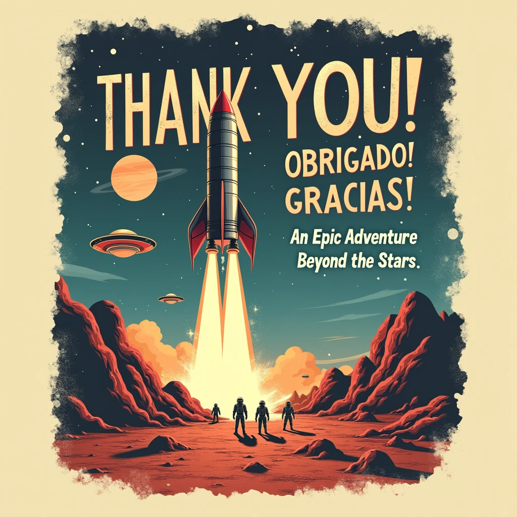 A retro-inspired t-shirt design mimicking a 1950s sci-fi movie poster titled “50K THANK YOU! OBRIGADO! GRACIAS!” It features a classic rocket ship launching from an alien landscape with flying saucers, astronauts, and a ringed planet in the background. The title is in bold, vintage-style typography with a catchy tagline, “An Epic Adventure Beyond the Stars!”  The colors are muted and slightly faded to give an aged, nostalgic feel, with distressed effects for a worn, vintage look