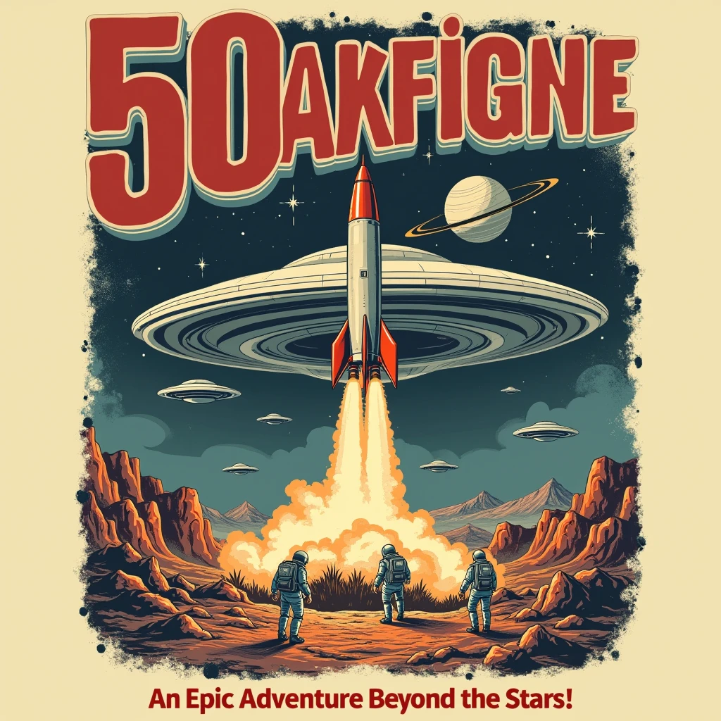 A retro-inspired t-shirt design mimicking a 1950s sci-fi movie poster titled “50K THANK YOU! OBRIGADO! GRACIAS!” It features a classic rocket ship launching from an alien landscape with flying saucers, astronauts, and a ringed planet in the background. The title is in bold, vintage-style typography with a catchy tagline, “An Epic Adventure Beyond the Stars!”  The colors are muted and slightly faded to give an aged, nostalgic feel, with distressed effects for a worn, vintage look