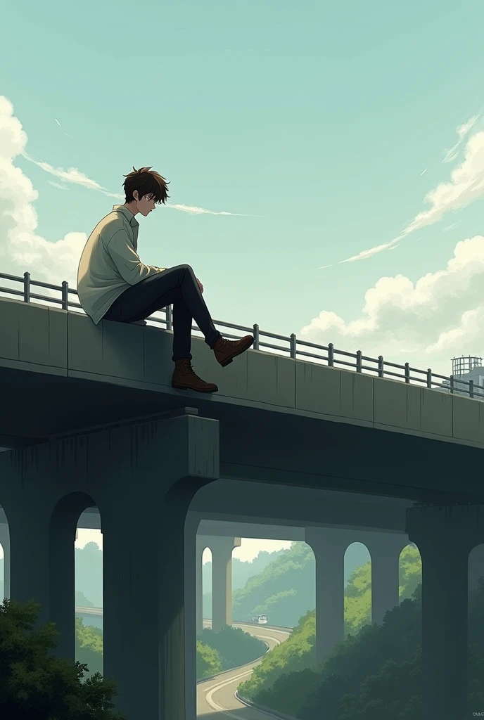 Jeune homme brun, assis sur une rembarde d'un viaduc, les pieds dans le vide,