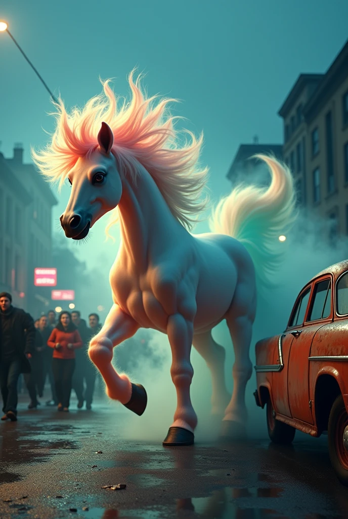 A cinematic funny side view of a pony formed by smoke colors. In the background, people are screaming and running. There are cars with a metal oxide finish nearby. The scene is set during a polar night. The photo has a retro style and a vintage feel. The resolution is 4k.