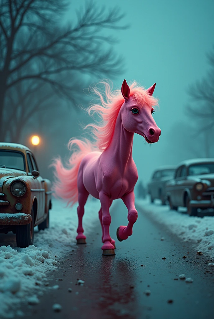 A cinematic funny side view of a pony formed by smoke colors. In the background, people are screaming and running. There are cars with a metal oxide finish nearby. The scene is set during a polar night. The photo has a retro style and a vintage feel. The resolution is 4k.