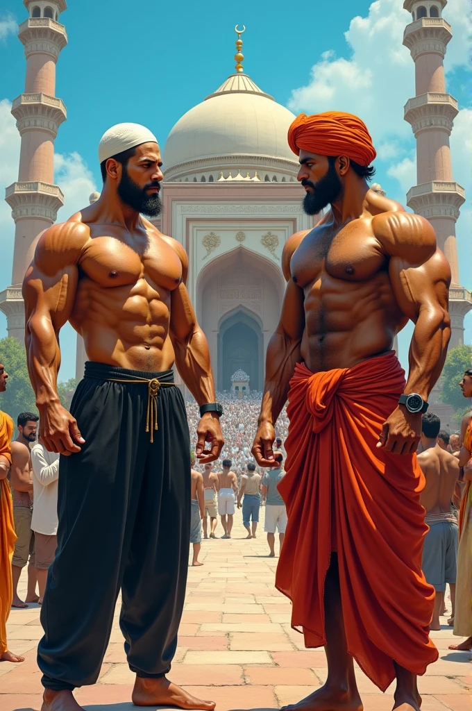 Tech Madhav earn:
A msulim bodybuilder man he is standing outside Mahjid and he is looking ahead, he is wearing black pants, he is not wearing anything on top, he is wearing a white cap on his head
A Hindu bodybuilder man, he is wearing a red colored dhoti and nothing else on top standing on red fort There are many people standing behind him, everything behind him is bluer
