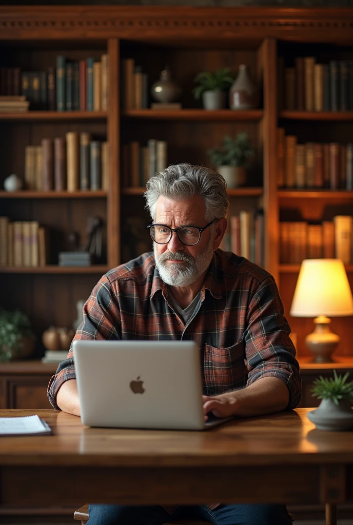 Man with a plaid shirt, sitting on a chair, working on a Macbook in a wooding desk