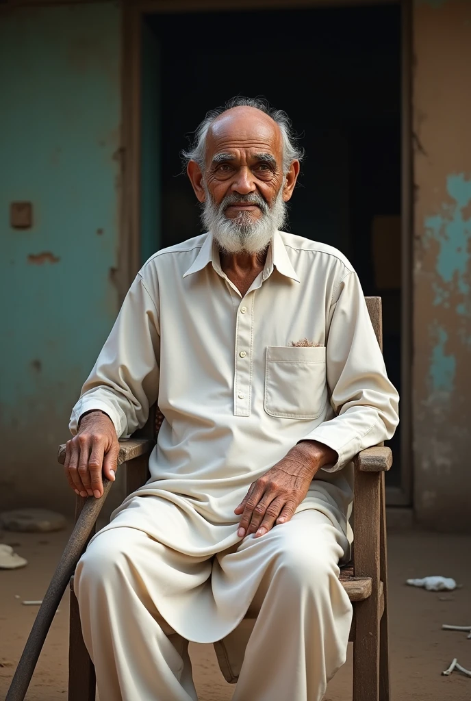 Visual Prompt: An elderly, wise-looking Bangladeshi man named Mati Mia, sitting confidently on a chair outside his house, wearing a traditional white kurta. He has a knowing smile, with a cane resting beside him, suggesting his authority in the village.