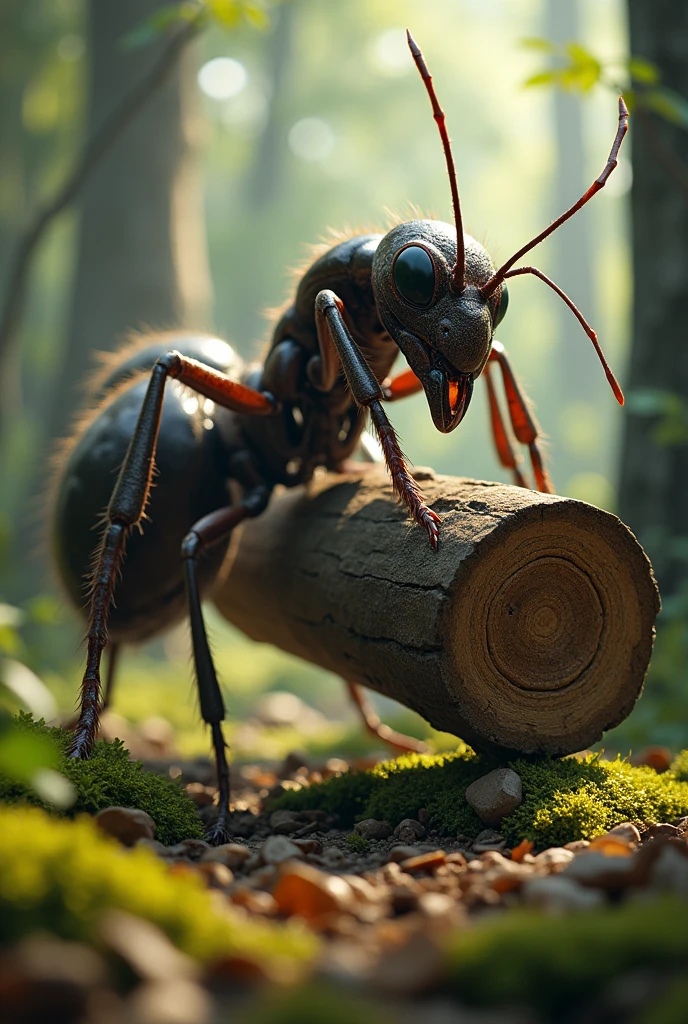 create me an ant lifting a large log, ultra-realistic, cinematic