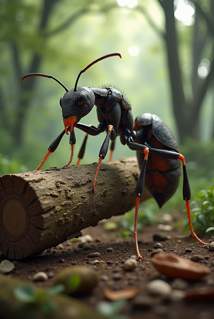 create me an ant lifting a large log, ultra-realistic, cinematic