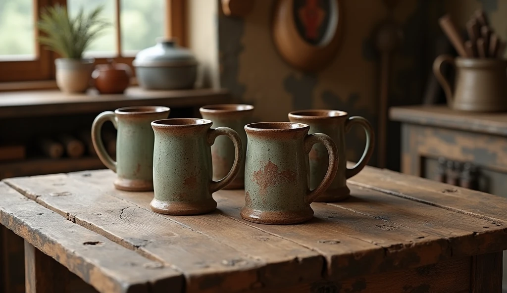 a wooden table with old mugs on top, rustic, country style interior