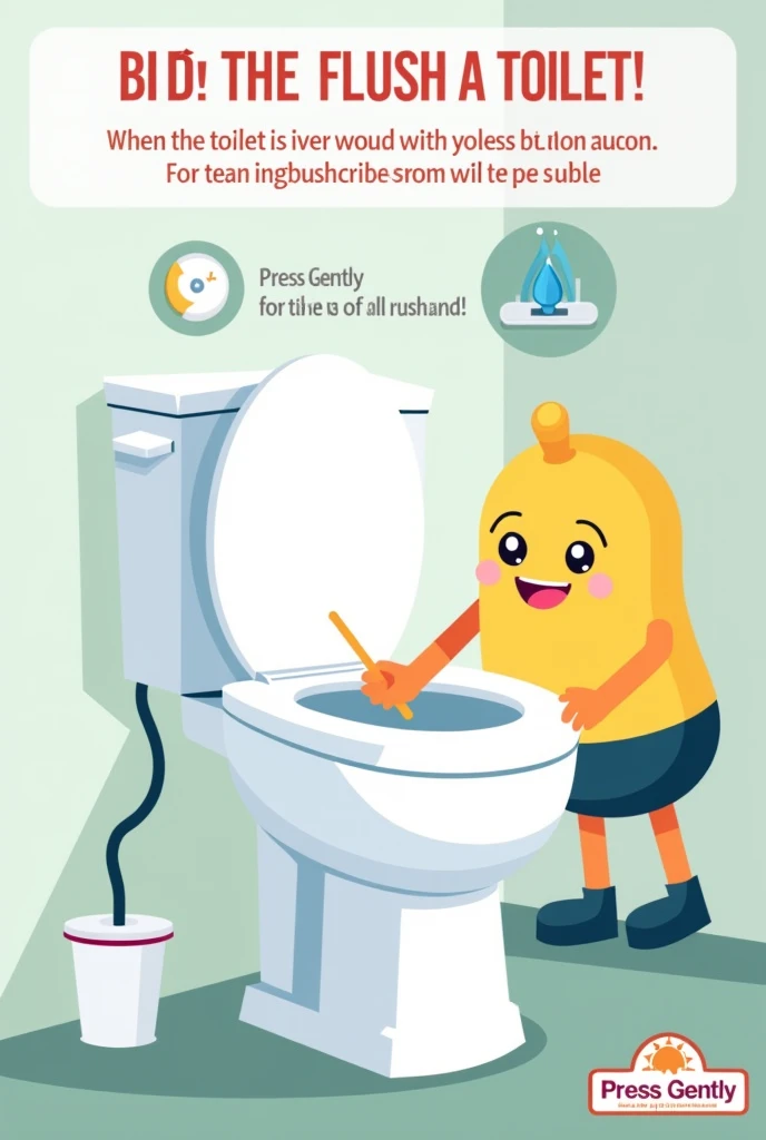 Create an image that explains to bathroom users that they should press the toilet button gently and not all the way down.