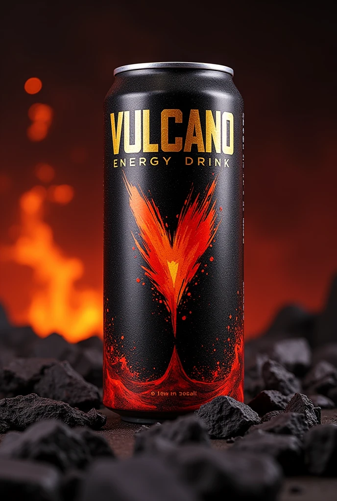 Vulcano brand energy drink in a can with the slogan energy drink black, gold and red