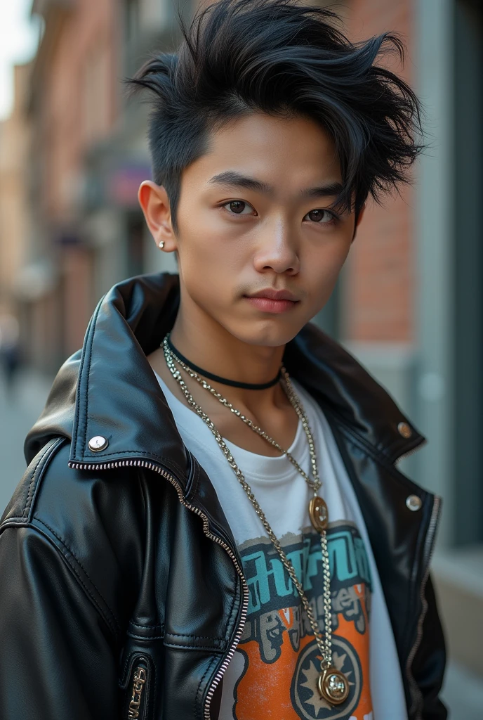 Generate a realistic front photo of an 1 Korean teenager with street style