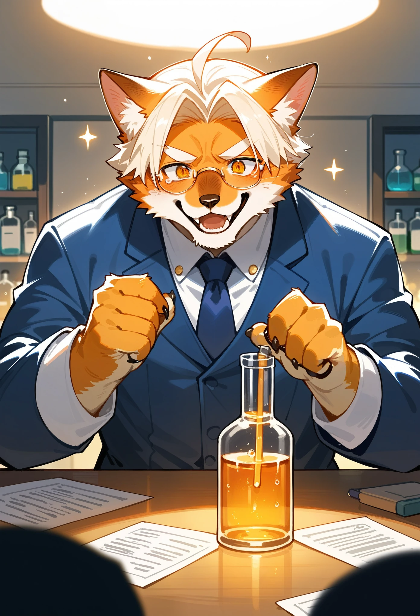 rating_safe, score_9, score_8_up, score_7_up, score_6_up, score_5_up, score_4_up, hires, highres, source_furry, cover page(kemono, furry anthro, angelic handsome 1boy, Smiling embarrassedly, glasses)professor, Lab of a crazy alchemist, chemical that shines, Beautiful lights and shadows,