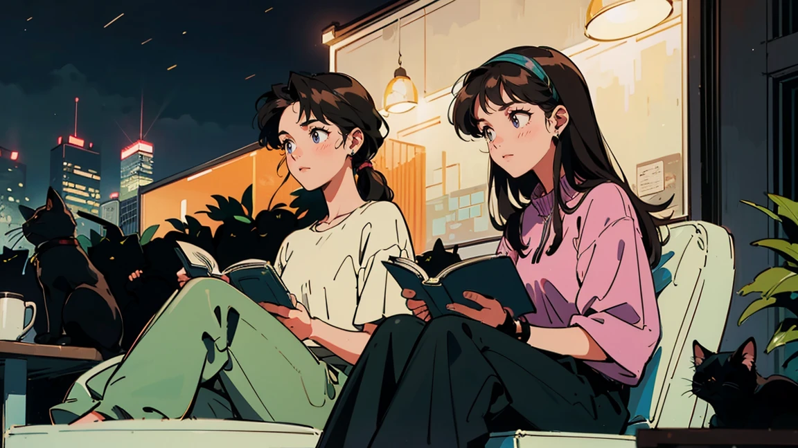 Highest quality, 8k, 1990s style,Hairstyles of the 2010s, 2 Girls, Black Hair, Long Hair, Light brown eyes, City Pop, pants ,Night view, Wear headphones,Reading a book, whole body, Relax Coffee,table,making,look at me, Black cat