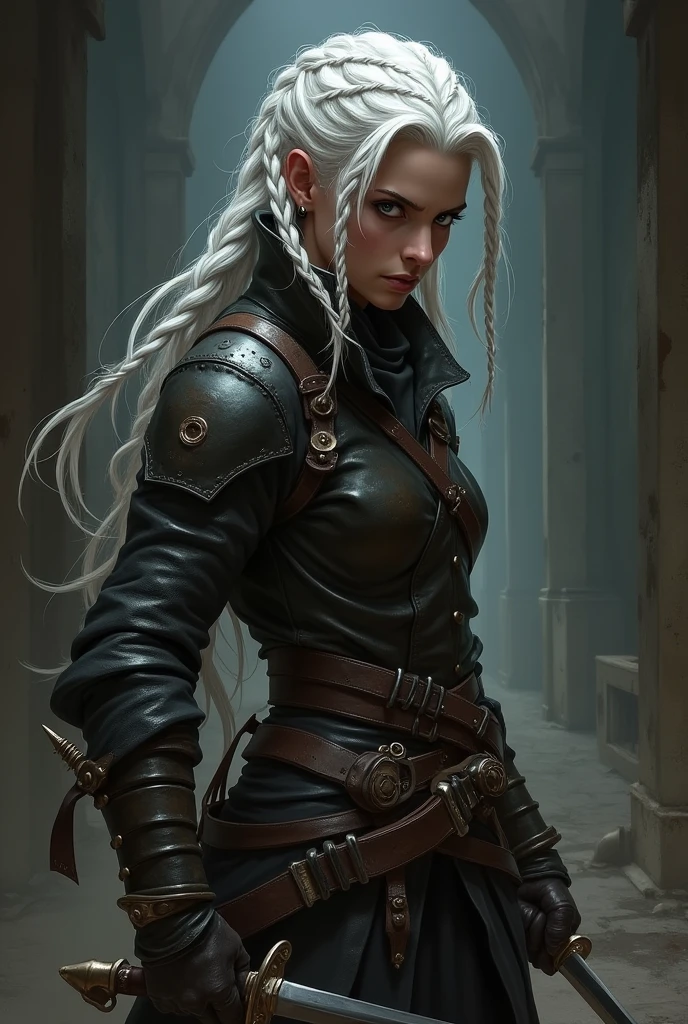 A rogue with white hair braided into braids, with greedy eyes a dagger in his right hand, in leather armor
