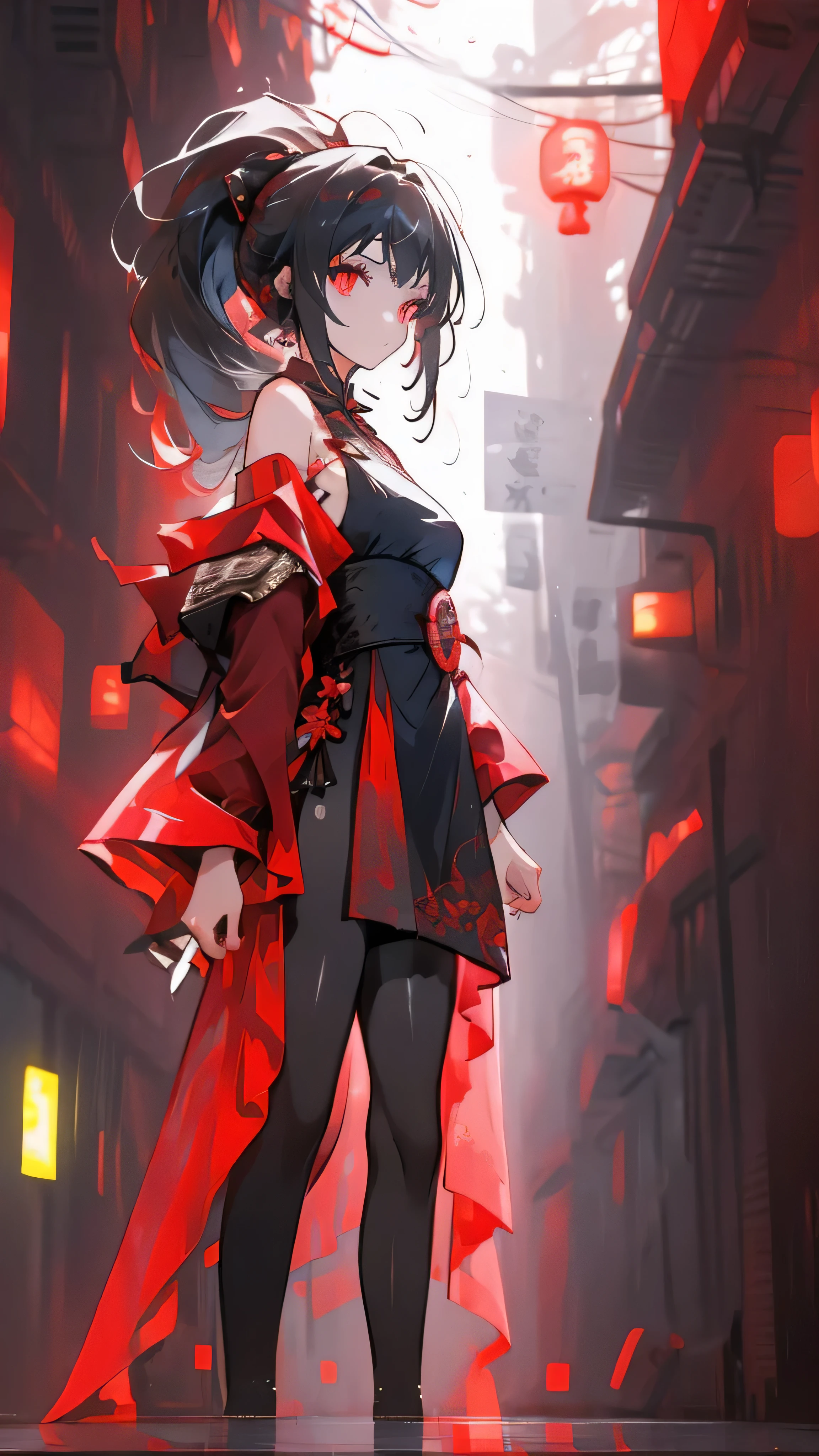 1girl, solo, black hair, red eyes, glowing eyes, ponytail, front view, medium breast, expressionless, Veil, Hair, red Dress, Off-Shoulder Dress, Long Dress, Chinese style dress,frontslit, slim, dark room, looking at viewer, front view, tight dress, pantyhose,thighs,