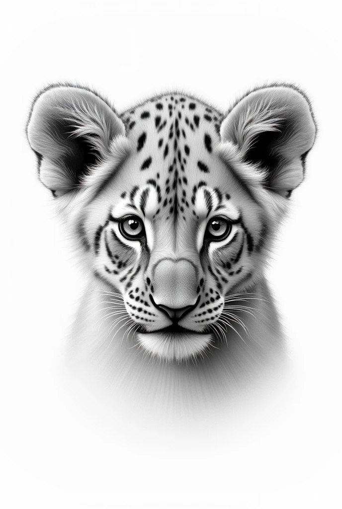 drawning, lion cub face, drawning à lápis, black strokes, white background, realisitic, lowering the head, Defined traits, traço de drawning,