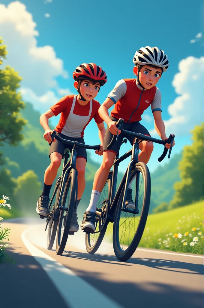 Two teen boys racing with bicycles. The Cooper one owertaking the other boy.