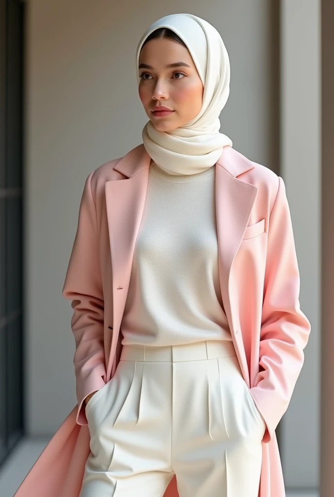 a busyness wemens modest winter outfit with pastel white formal pant and white sweter with light rosy pink over coat with light skin tone and pastel white hijab