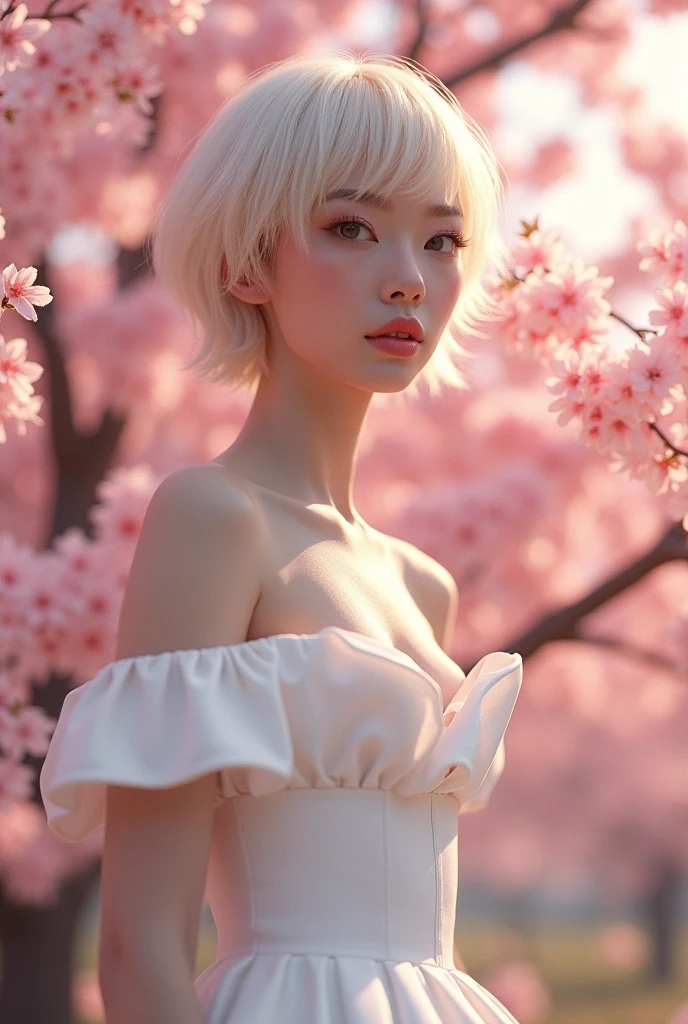1 girl,(CRU photo, best qualityer), (realisitic, photo-realisitic:1.4), work of art, extremely delicate and beautiful, extremely detaild, 2k wallpaper, incredible, fine-details, extremely detaild CG unity 8k wallpaper, ultra detali, high resolution, smooth light, beautiful detailed girl, extremely detaild eyes and face, beautiful detailed nose, beautiful detailed eyes,cinematic lighting,Perfect Anatomia,slenderbody,
wearing a white avant-garde peplum dress and white skirt,(bokeh:1.2),
in a flower park,sakura blossoms,flowers garden,
ssmile,(hair with bangs),(boy haircut:1.2), blonde, facial cum