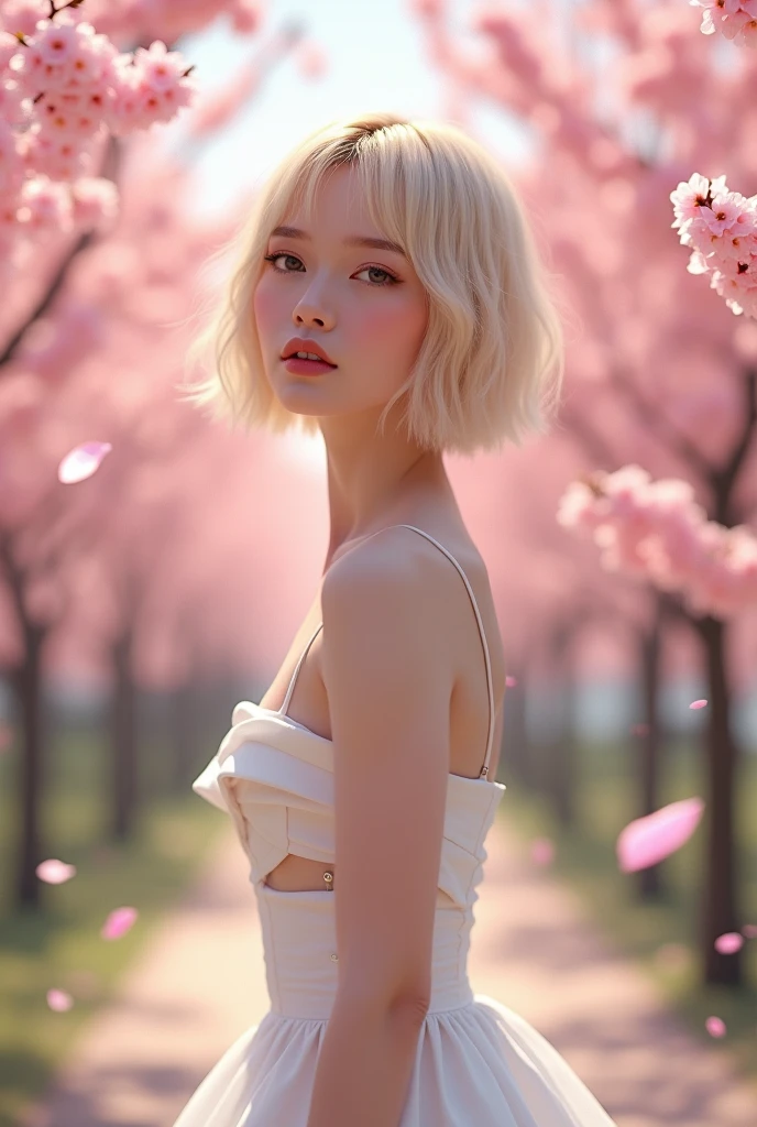1 girl,(CRU photo, best qualityer), (realisitic, photo-realisitic:1.4), work of art, extremely delicate and beautiful, extremely detaild, 2k wallpaper, incredible, fine-details, extremely detaild CG unity 8k wallpaper, ultra detali, high resolution, smooth light, beautiful detailed girl, extremely detaild eyes and face, beautiful detailed nose, beautiful detailed eyes,cinematic lighting,Perfect Anatomia,slenderbody,
wearing a white avant-garde peplum dress and white skirt,(bokeh:1.2),
in a flower park,sakura blossoms,flowers garden,
 ssmile,(hair with bangs),(boy haircut:1.2), blonde, facial cum