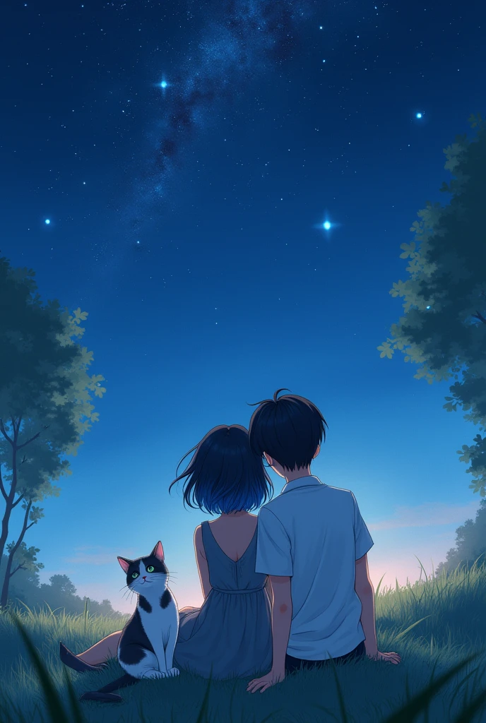 A book cover, a couple in love sitting on a lawn, the boy with black hair and the girl with dyed hair with blue tips, both looking at the stars,
The boy is dressed in a white shirt and the girl in a grey dress and next to them a white cat with grey tabby 
