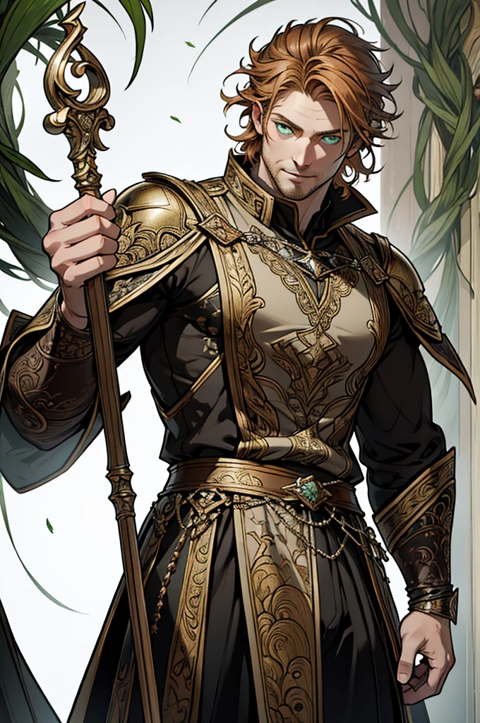 (masterpiece)，(Very detailed)，(Very detailed)，(best quality), perfect lighting, fantasy man, 40 years old, solo, ((short messy ginger hair)), he have a long staff in his hand, muscle, correct proportions, facial details, tall, stunning, beautifull face, green eyes (detailed eyes), fantasy clothing, animated style, perfect face, highest detail, stubble, detailed face, intricate details, concept caracter