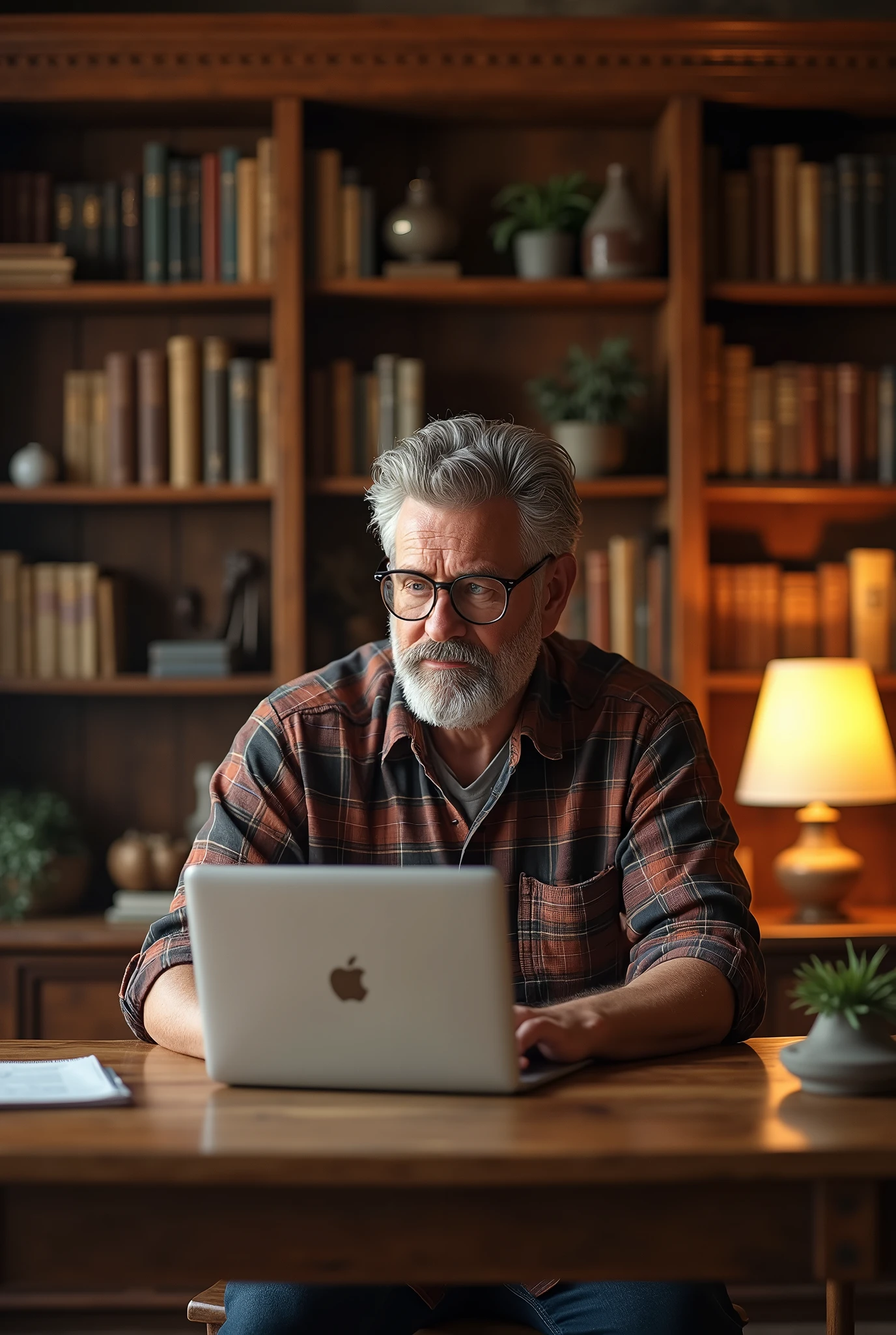 Man with a plaid shirt, sitting on a chair, working on a Macbook in a wooding desk