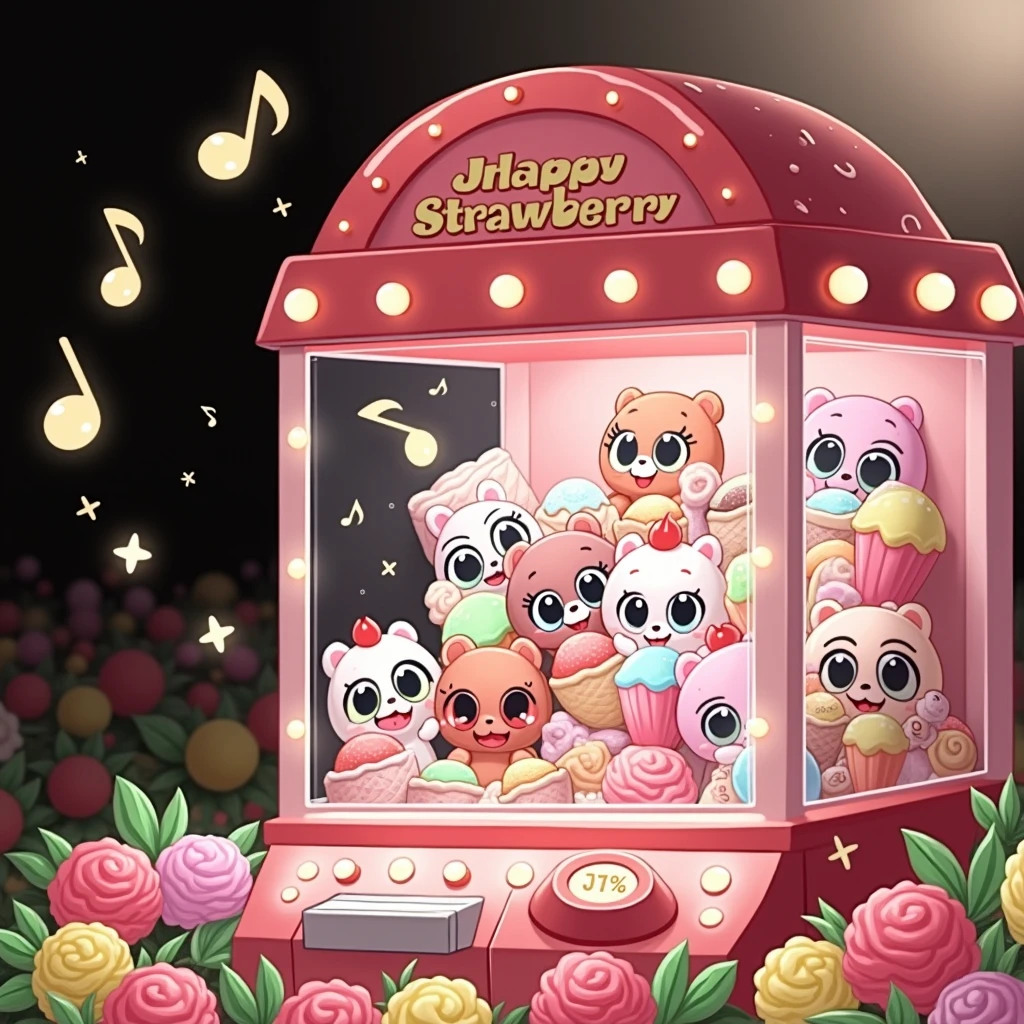 ((white background)), The image shows a cartoon style claw machine. The machine is predominantly red, with a transparent front, and at the top it says “STRAWBERRY” in yellow letters. Inside the claw machine, There are several cute plush toys that resemble animals and food items, like bears and ice cream. The toys have big eyes and smiling faces, which gives them a friendly appearance. Around the machine, There are floating musical notes and twinkling lights that add to its playful charm. The words “EVERY DAY” are visible on the bottom of the machine in white letters on a pink background.. This image is interesting because it depicts a fun scene that may appeal to children or people who appreciate cute aesthetics.. 🍓🧸✨((white background)),