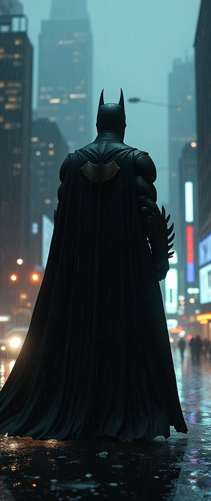 EU ESTOU NA RUA E VEJO A silhuette do batman EM CIMA DE UM PRÉDIO OBSERVANDO A CIDADE, he has a long black cape, dark scene in the rain, realistic as a mirror, raindrops fall, particles in blur, white eyes glow in the dark like LEDs, lens flare, MACABRO, Noir style, billboard lights in blur, silhuette, lens flares, reflection on the floor, view from the bottom,