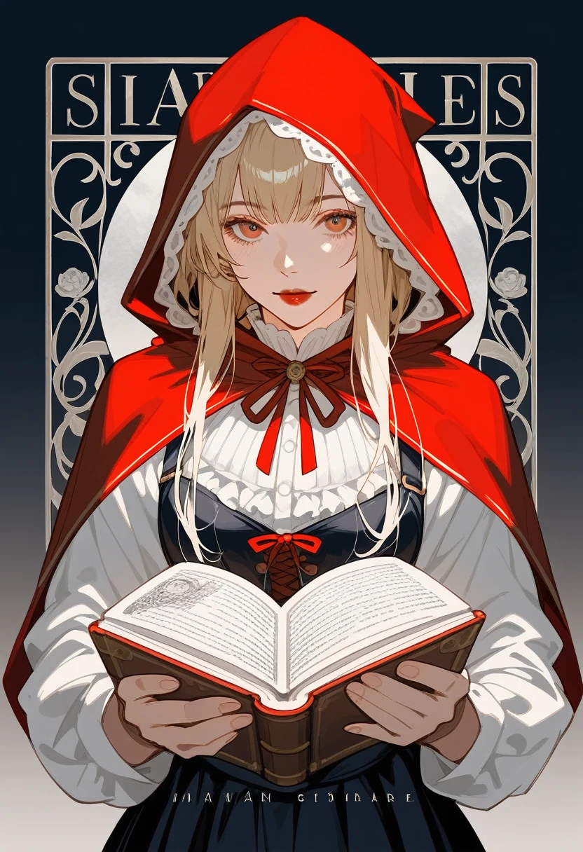 rating_safe, score_9, score_8_up, score_7_up, score_6_up, score_5_up, score_4_up, hires, highres, source_furry, cover page, picture book cover, story of Little Red Riding Hood, flat Design, vector illustrations, graphic illustration, detailed 2d illustration, flat illustration, digital illustration, digital artwork,