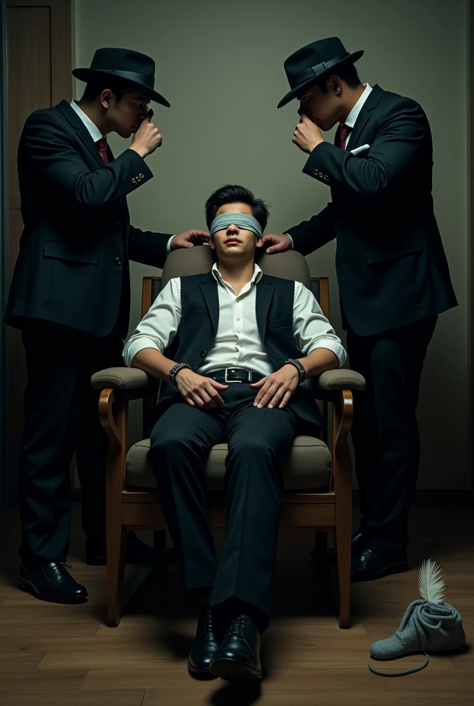 Malaysia malay handsome 23years lawyer
Fainted
Shoeless
Rub his feet
His handcuff in woodenchair
Blindfolded
feather
Grey sock
2 mafia pinch their nose