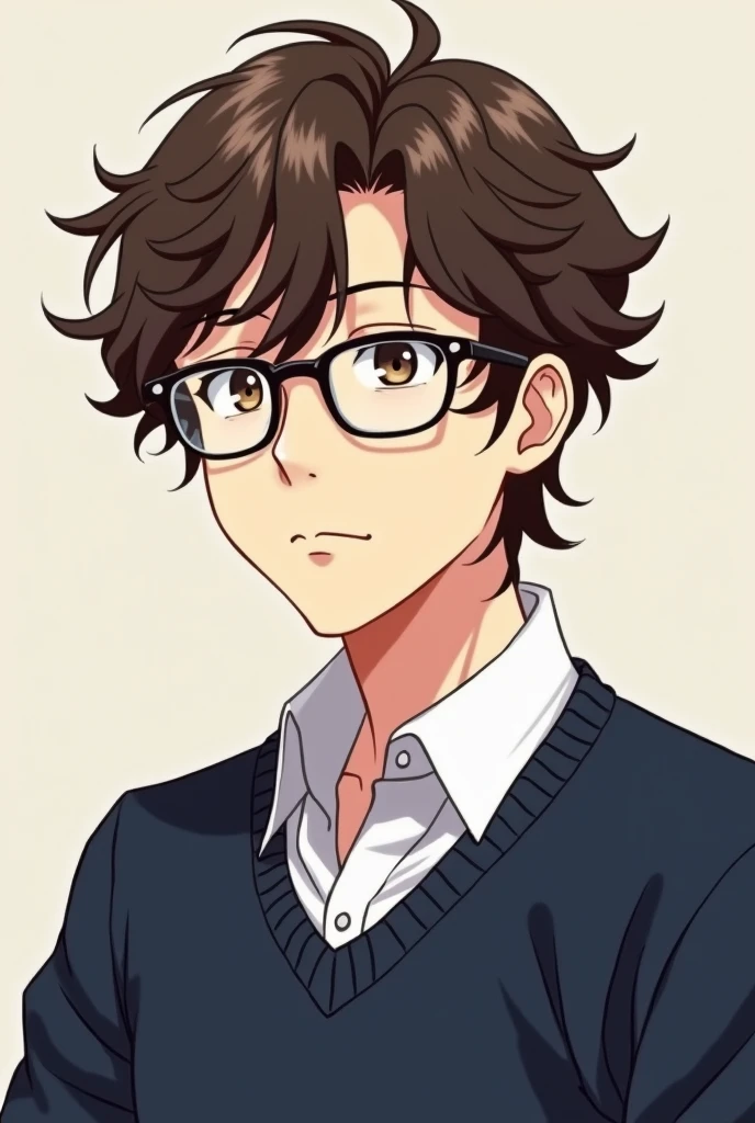 young white man with wavy hair, wearing prescription glasses, white dress shirt under a blue sweater, portraite, anime styling.