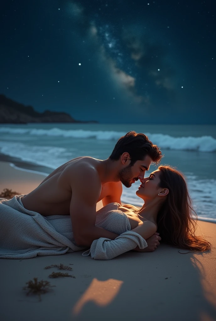 um casal, lying on the sand on the beach, the night, falling in love. PICTURE REALISTIC. man and woman.
sex