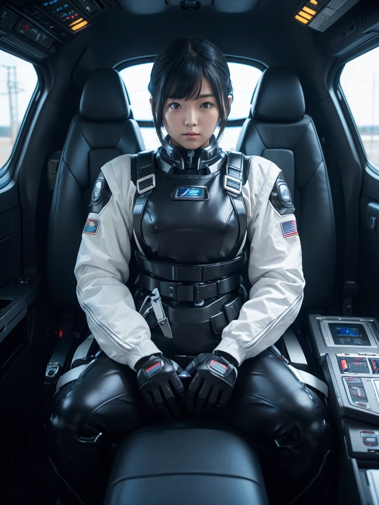 Japanese female android,Black Hair,The spaceship's cockpit,Secured to the seat with a thick harness,Plump,Slightly thicker,Squat,White robot suit,There is a control panel on the chest.,Surrounded by machines,