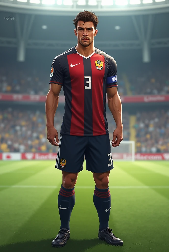 Soccer player, defender, number 3 shirt, High, brown eyes, very short hair, with captain's armband, black boots, realistic