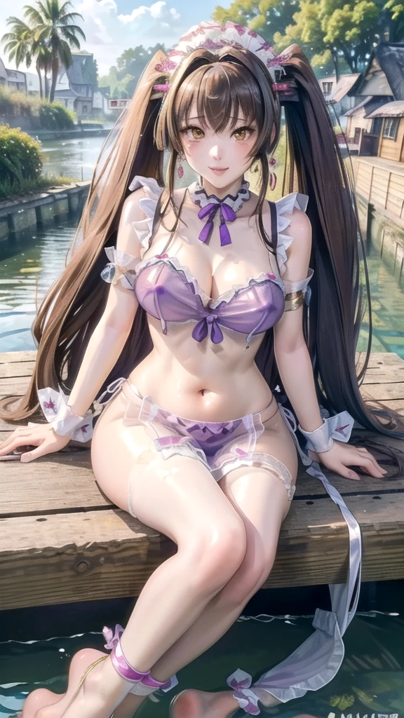 (((masterpiece, ultra HD, 8K quality))), (((clear and bright image))), anime, 1 woman, (((beautiful woman))), (((shining Brown Straight Long Hair, Pony tail, bangs bangs))), (((shining attractive eyes))), ((((beautiful Yellow eyes))))), (((eye highlights))), ((very long eyelashes, pale pink lips)), (((very large ))), cleavagld and sexy poses))), king at the viewer, navel, (((Beautiful smile))), water, thighs, bare shoulders, front tie top, arm support, narrow, ((((Purple see-through love uniform, maid headdress))), bare feet, collarbone, neck ribbon, halter neck, water's edge, Earrings, necklaces, bangles, rings, anklets, (((Water Cottage in the background)))