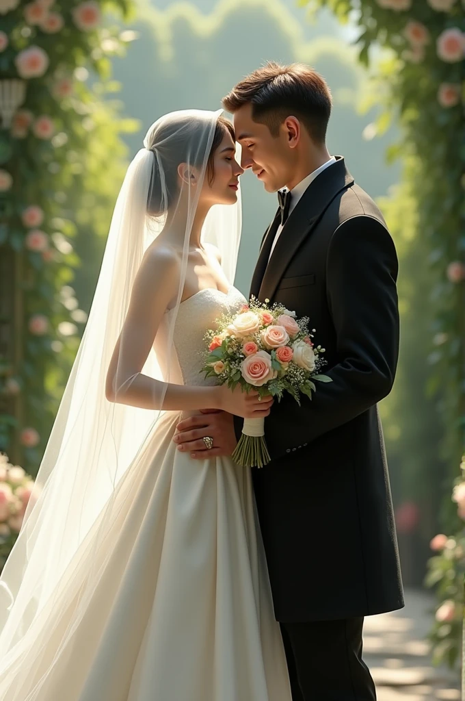 veiled bride wearing a white dress holding flowers, standing with the groom wearing a black coat